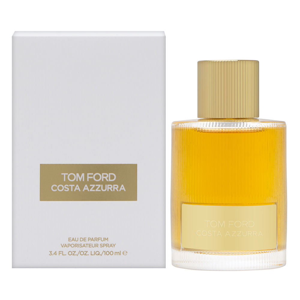 Tom Ford Costa Azzura Eau de Parfum spray bottle next to its white box packaging with the brand name and product name displayed.