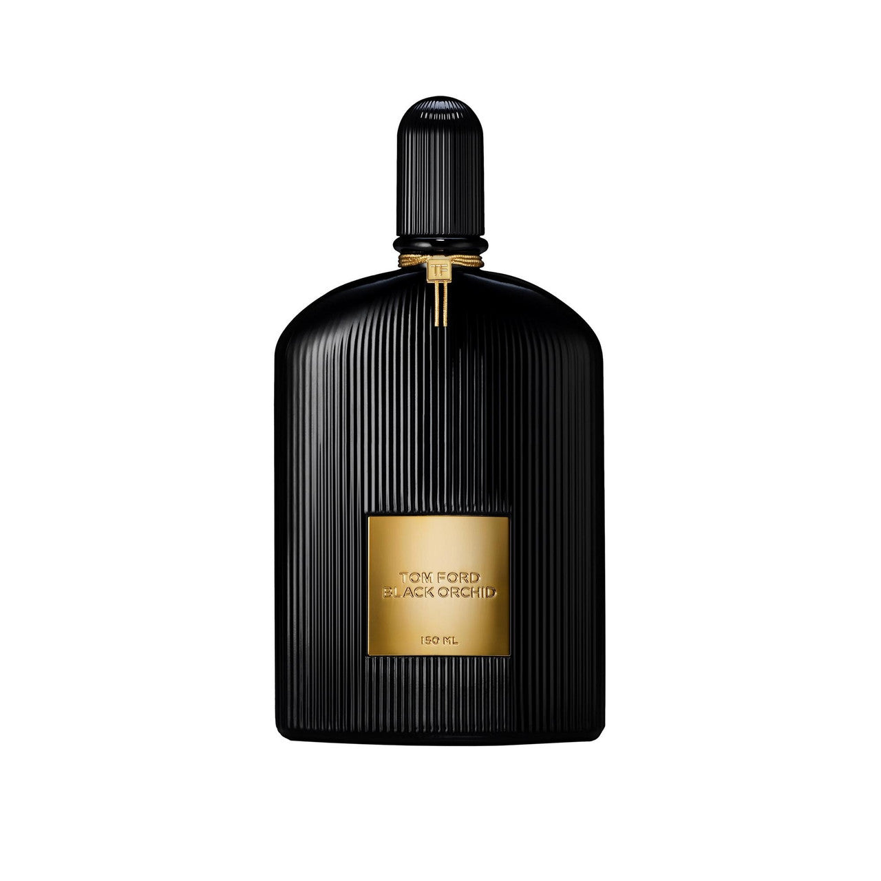 A black bottle of TOM FORD BLACK ORCHID eau de parfum spray for women with a gold label.