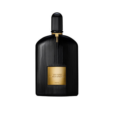 A black bottle of TOM FORD BLACK ORCHID eau de parfum spray for women with a gold label.
