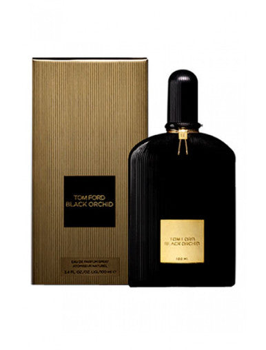A black bottle of TOM FORD BLACK ORCHID EAU DE PARFUM SPRAY with a gold box in the background.