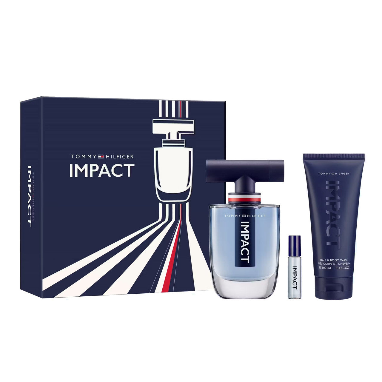 A set of TOMMY HILFIGER IMPACT men's cologne and shampoo, including a 3.4 EAU DE TOILETTE SPRAY bottle, a smaller 0.
