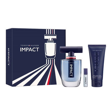 A set of TOMMY HILFIGER IMPACT men's cologne and shampoo, including a 3.4 EAU DE TOILETTE SPRAY bottle, a smaller 0.