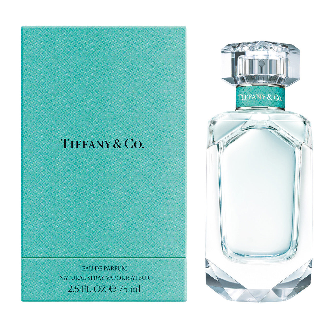 A bottle of TIFFANY & CO. eau de parfum spray for women next to its blue box packaging.