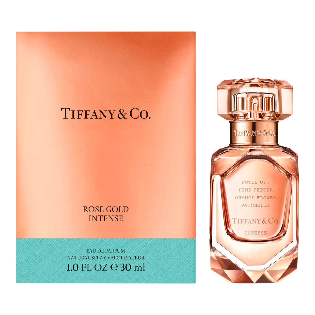 Tiffany & Co. Rose Gold Intense eau de parfum spray bottle next to its packaging box.