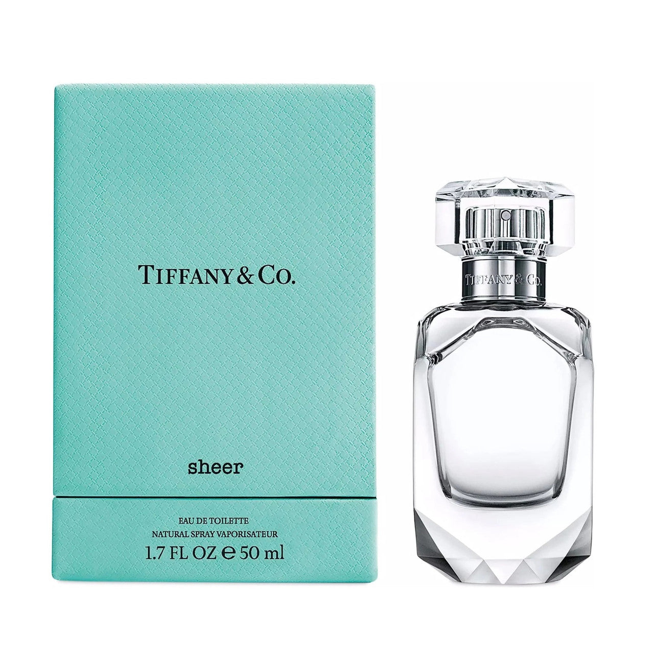 Tiffany & Co. Sheer eau de toilette spray bottle next to its blue box packaging.