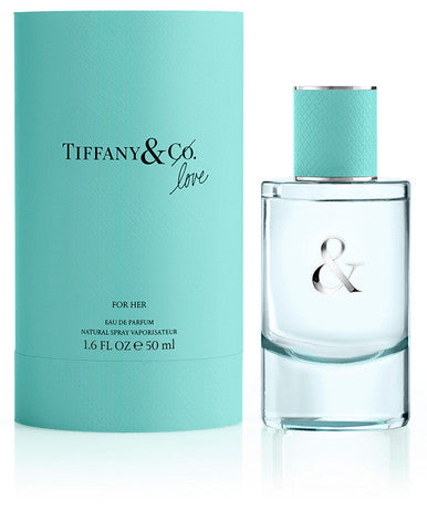 Tiffany & Co. Love eau de parfum spray bottle for women, with packaging, against a white background.