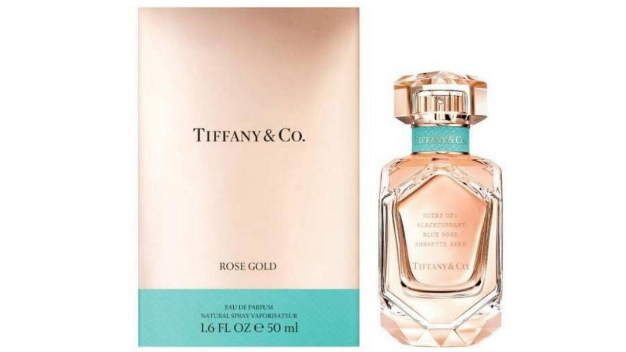 Tiffany & Co. Rose Gold 1.6 Eau de Parfum Spray bottle and packaging box.
