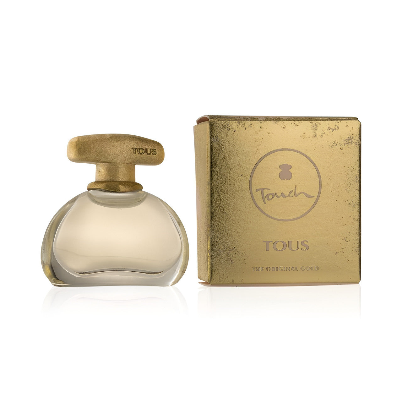 A mini bottle of TOUS TOUCH THE ORIGINAL GOLD EAU DE TOILETTE for women, displayed next to its gold-colored box packaging.
