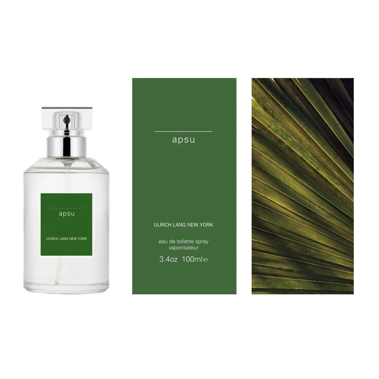 A product image featuring a bottle of ULRICH LANG APSU Eau de Toilette spray with a green label, alongside a green box and a close-up of a green leaf.