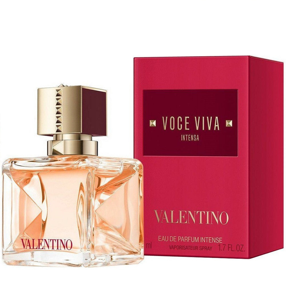VALENTINO VOCE VIVA INTENSA eau de parfum intense spray bottle next to its red box packaging.