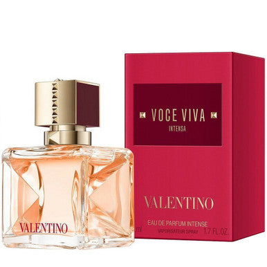 VALENTINO VOCE VIVA INTENSA eau de parfum intense spray bottle next to its red box packaging.