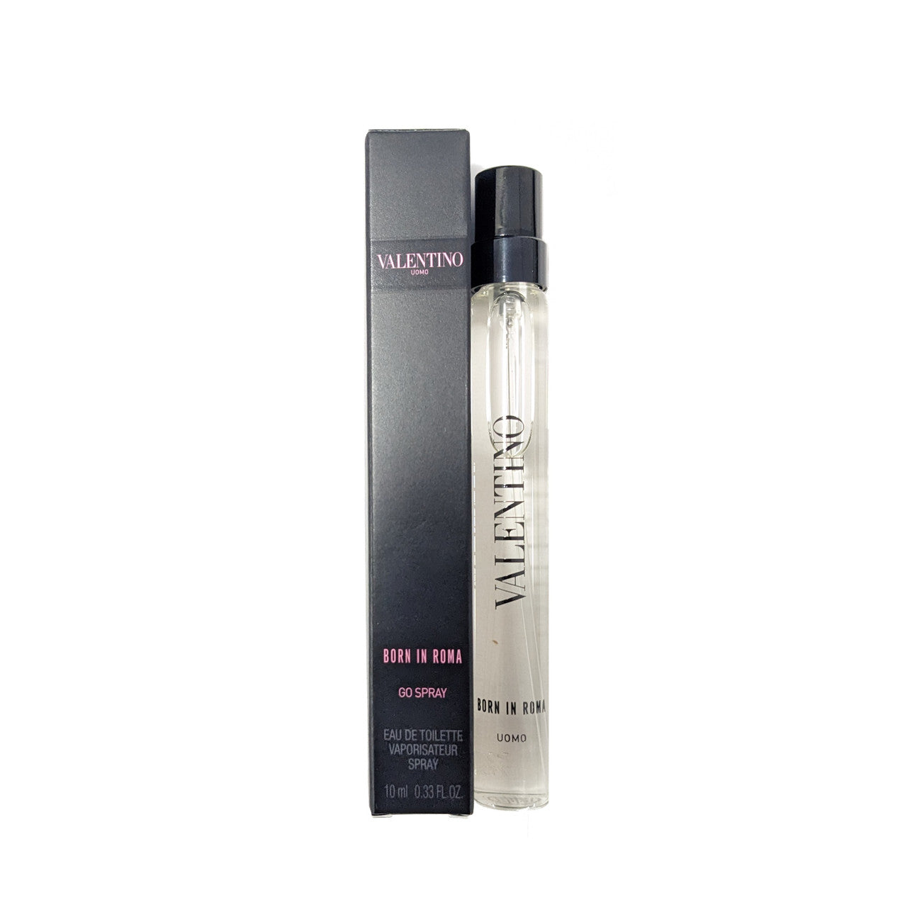 VALENTINO UOMO BORN IN ROMA EAU DE TOILETTE SPRAY bottle with packaging, indicating it is a men's fragrance