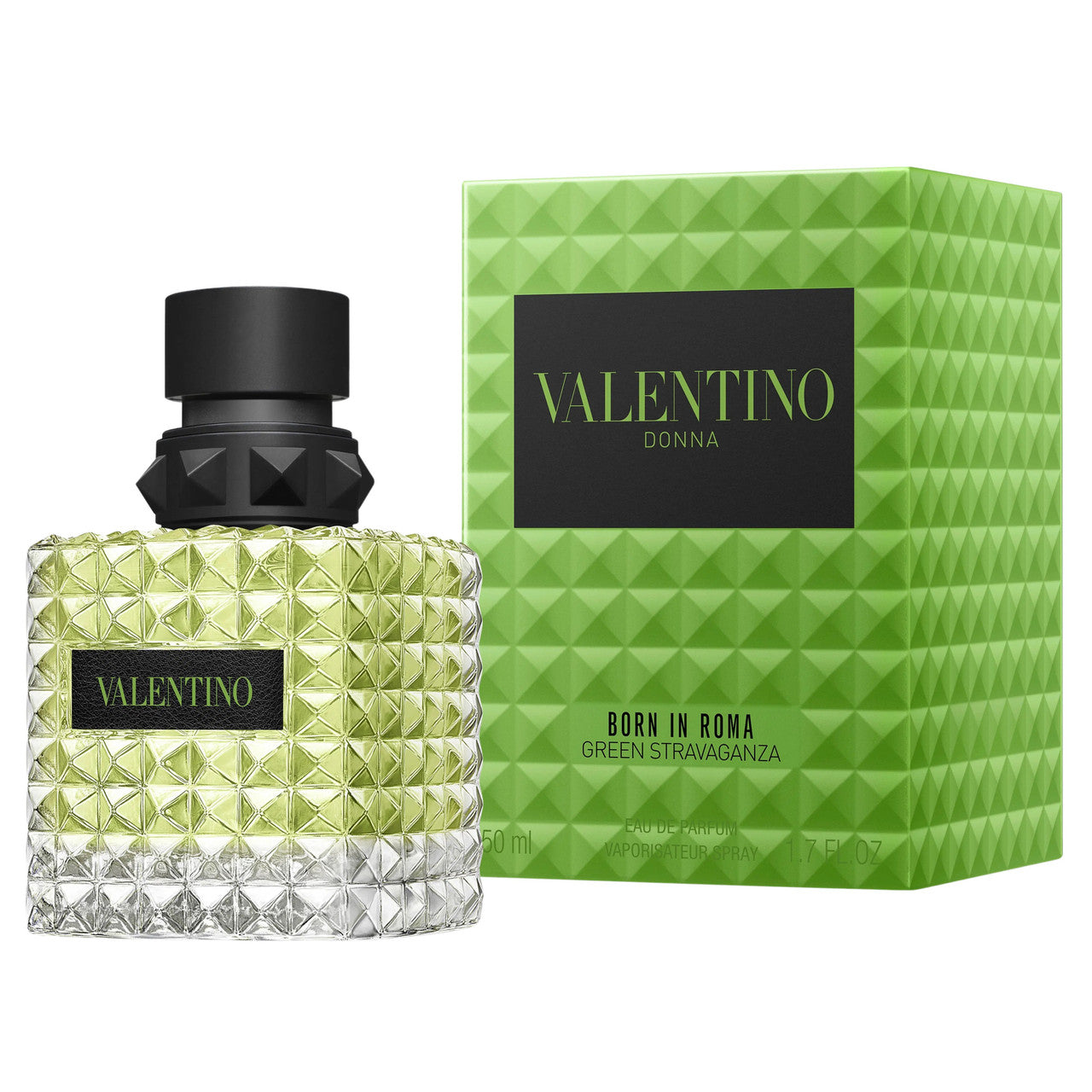 A green-colored bottle of VALENTINO DONNA BORN IN ROMA GREEN STRAVAGANZA eau de parfum spray with a textured design, accompanied by its green and black sealed box.