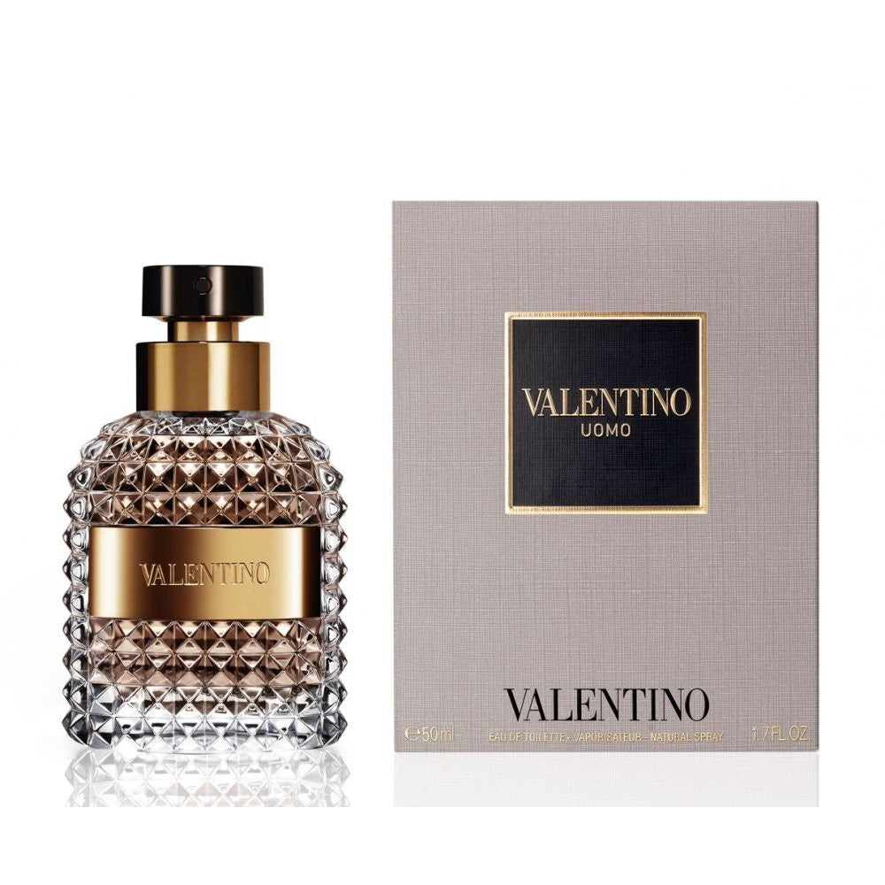 VALENTINO UOMO cologne bottle and packaging, with the brand and product name displayed.