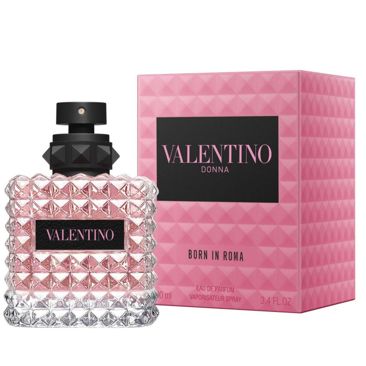 A product image showing a box and spray bottle of VALENTINO DONNA BORN IN ROMA perfume. The box is pink with the brand and perfume name displayed, and the bottle is clear with pink accents and black cap.