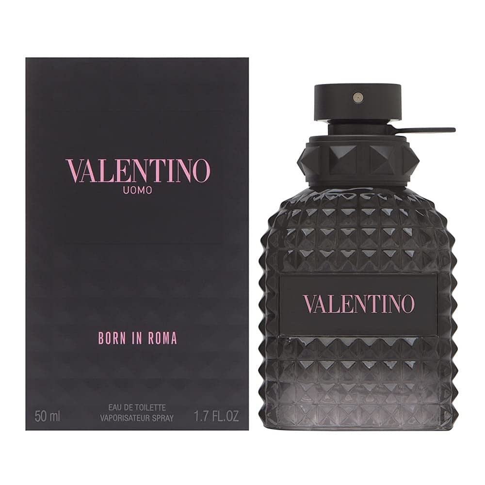 Valentino Uomo Born in Roma eau de toilette spray bottle alongside its packaging box.