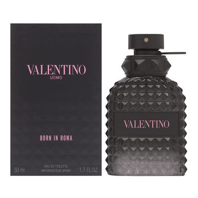 Valentino Uomo Born in Roma eau de toilette spray bottle alongside its packaging box.