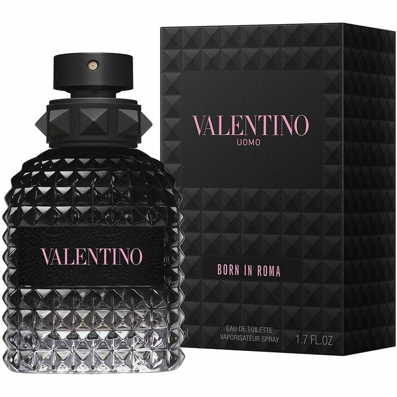 Valentino Uomo Born in Roma eau de toilette spray bottle and packaging box.