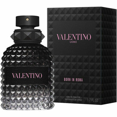 Valentino Uomo Born in Roma eau de toilette spray bottle and packaging box.