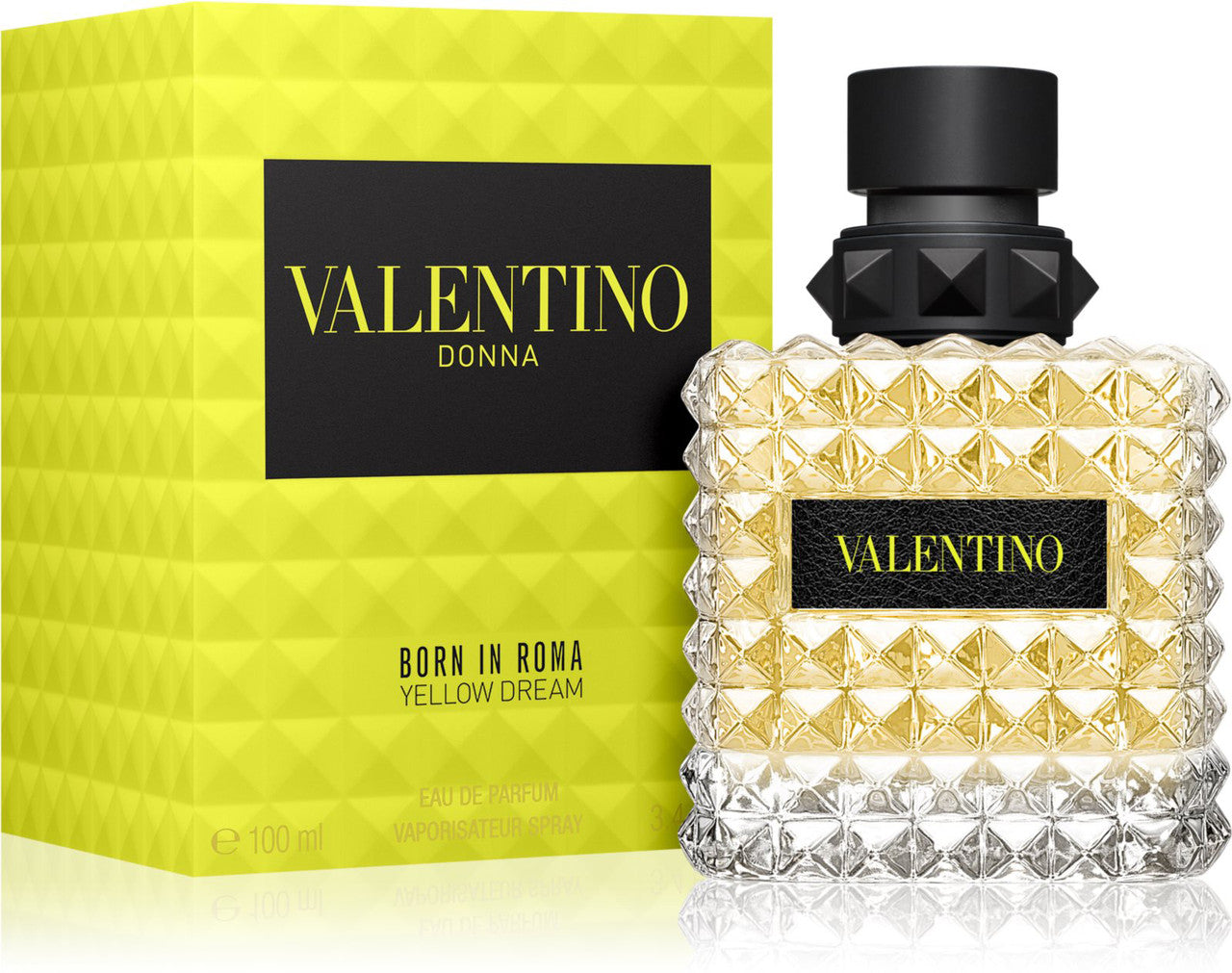 A product image showing a VALENTINO DONNA BORN IN ROMA YELLOW DREAM eau de parfum spray bottle next to its yellow box packaging.