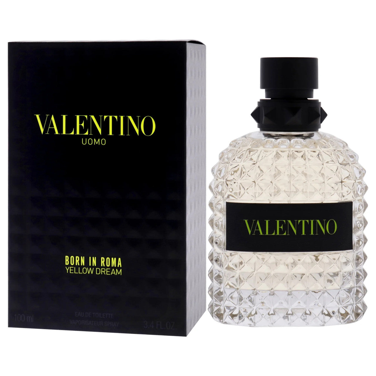 VALENTINO UOMO BORN IN ROMA YELLOW DREAM eau de toilette spray bottle next to its black box packaging with gold accents.