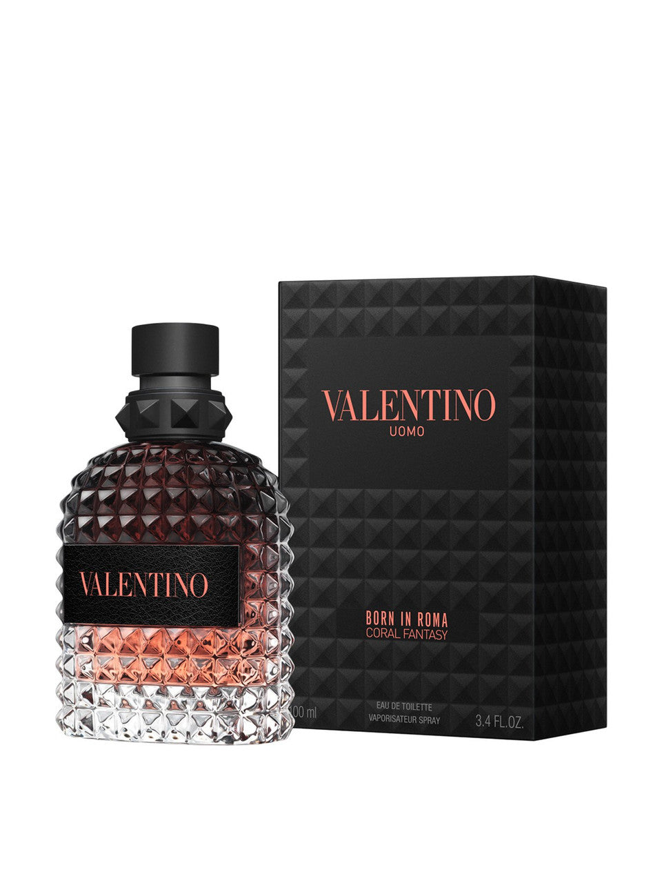A product image featuring VALENTINO UOMO BORN IN ROMA CORAL FANTASY 3.4 EAU DE TOILETTE SPRAY with a spray bottle in front of its black box packaging.