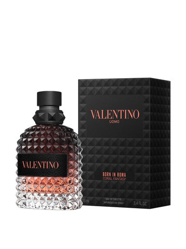 A product image featuring VALENTINO UOMO BORN IN ROMA CORAL FANTASY 3.4 EAU DE TOILETTE SPRAY with a spray bottle in front of its black box packaging.