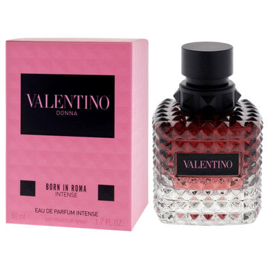 A product image showing a VALENTINO DONNA BORN IN ROMA INTENSE eau de parfum spray bottle next to its pink packaging box.
