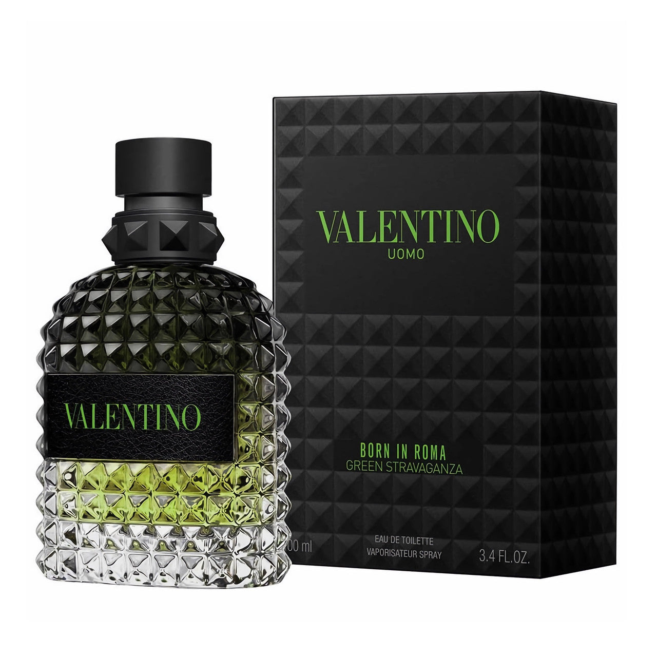 Valentino Uomo Born in Roma Green Stravaganza eau de toilette spray bottle alongside its black box packaging with green accents.
