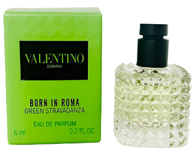 Valentino Born in Roma Green Stravaganza perfume bottle and packaging on a white background