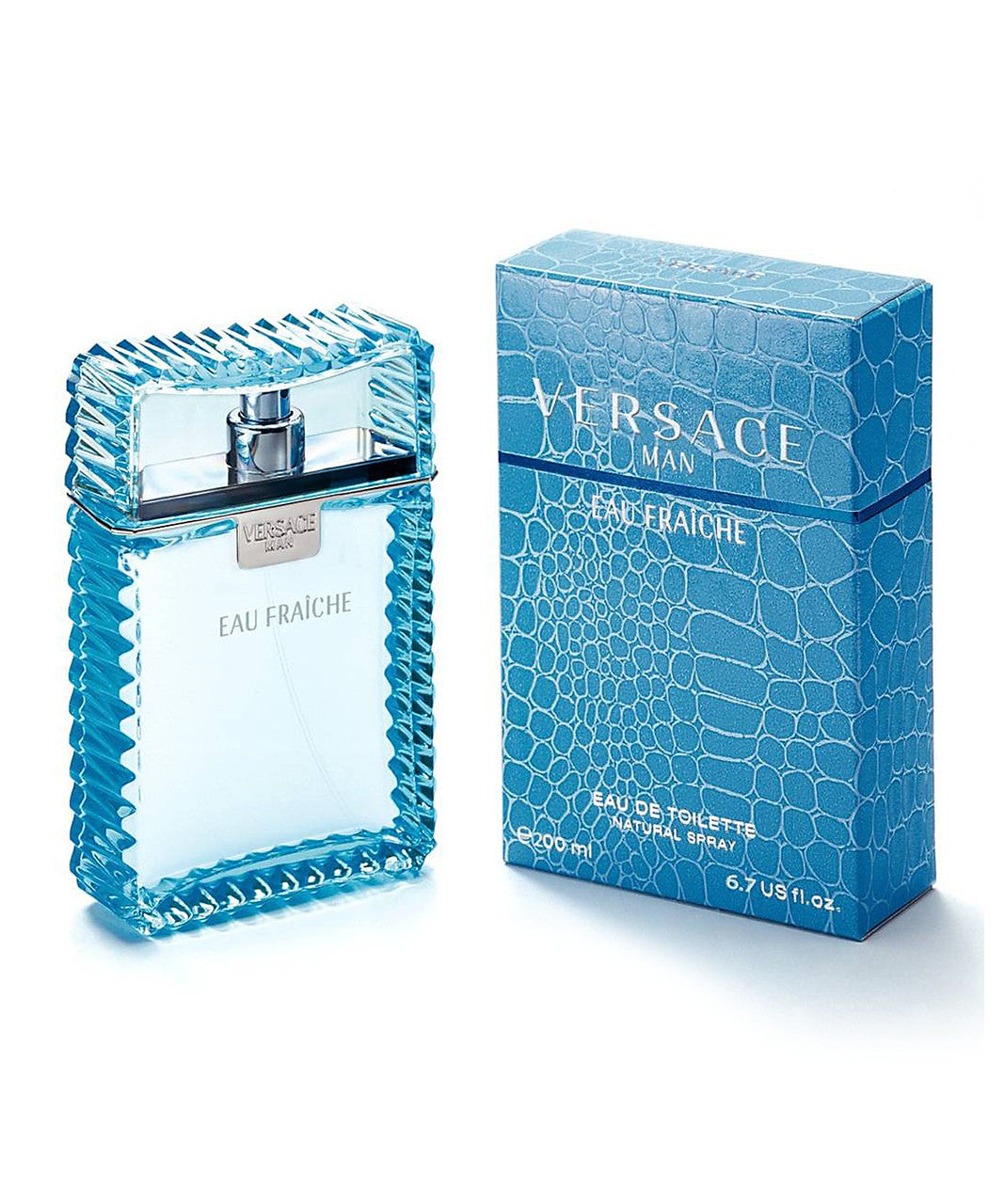 A product image showing a bottle of VERSACE EAU FRAICHE 6.7 EAU DE TOILETTE SPRAY FOR MEN next to its blue box packaging.