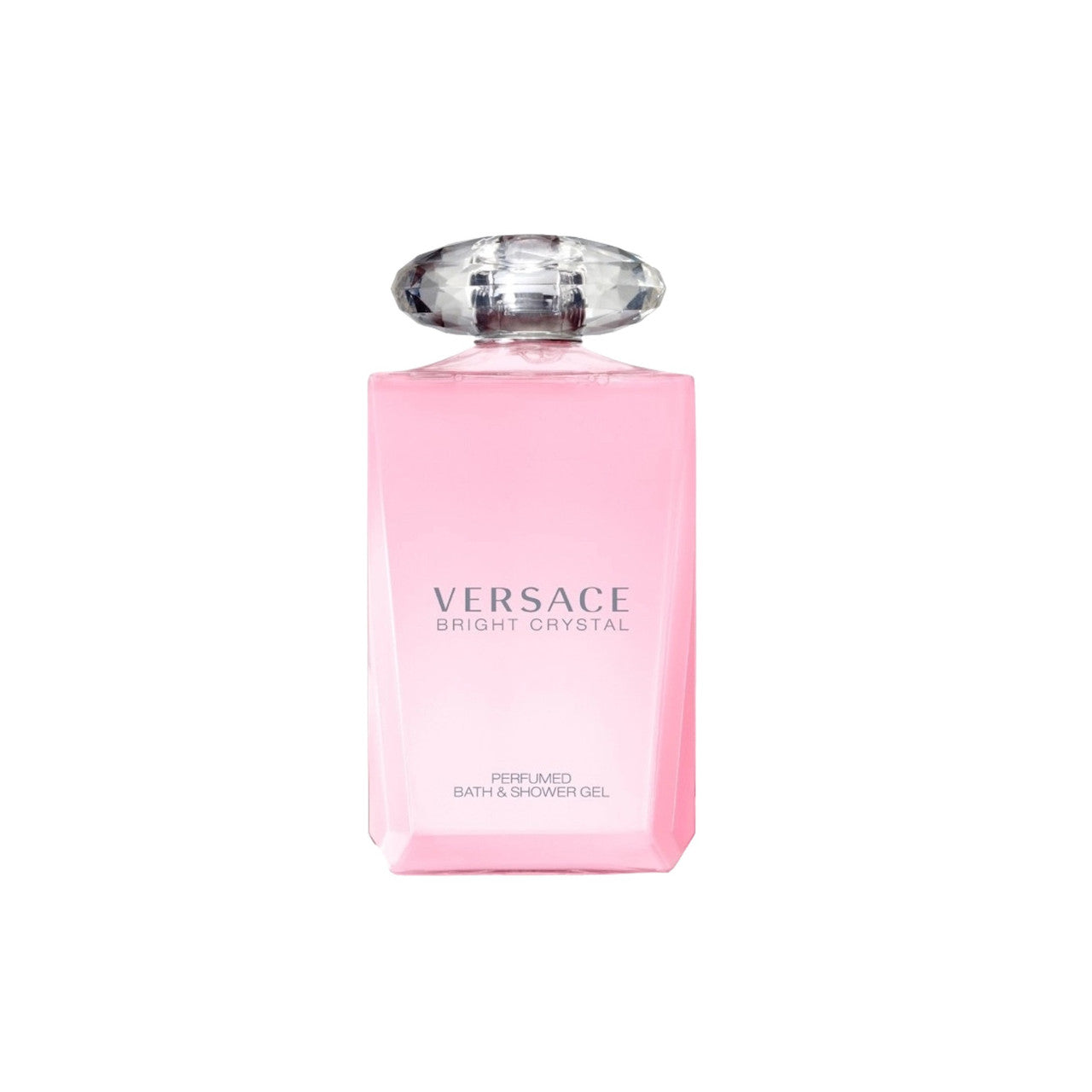 A pink bottle of VERSACE BRIGHT CRYSTAL bath and shower gel for women with a clear cap.