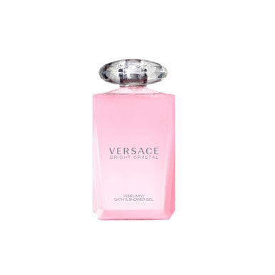 A pink bottle of VERSACE BRIGHT CRYSTAL bath and shower gel for women with a clear cap.
