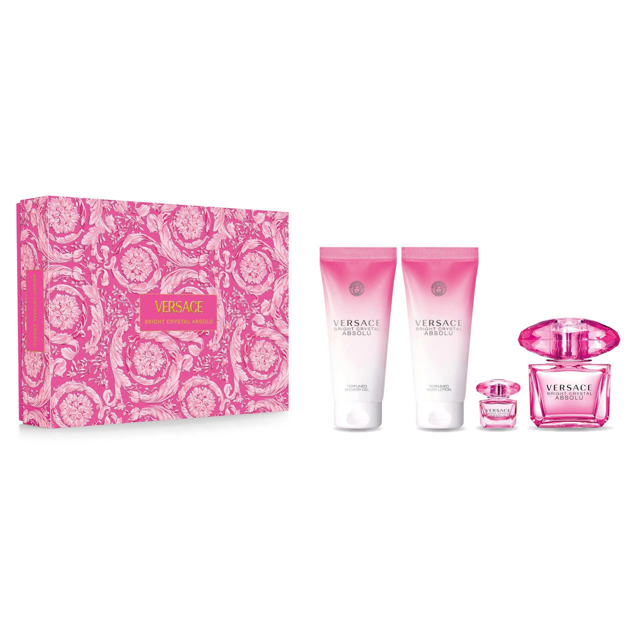 A VERSACE Bright Crystal Absolu 4 piece set for women, including a box of perfume, shower gel, body lotion, and a perfume spray bottle, all presented on a white background.