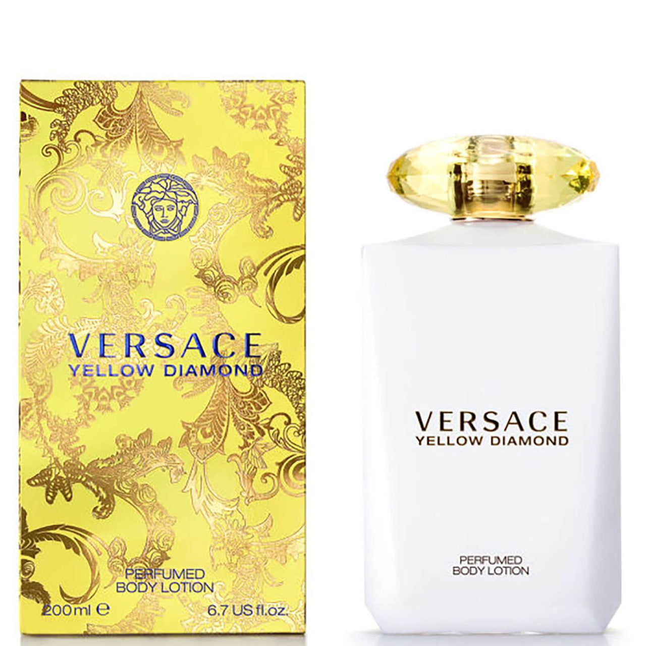 A bottle of VERSACE YELLOW DIAMOND body lotion next to its packaging box. The bottle is white with a gold cap, and the box features a yellow design with leaf patterns and the VERSACE logo.