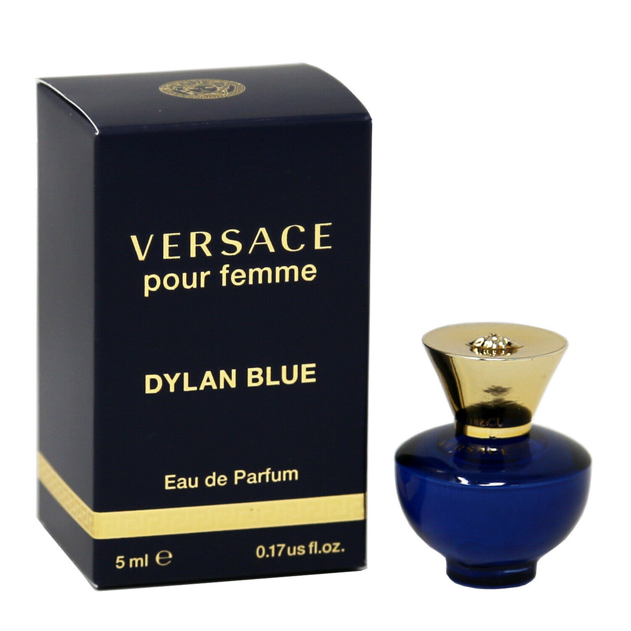 A Versace Dylan Blue Eau de Parfum mini bottle for women alongside its black box with gold accents. The box has the text 'VERSACE pour femme' and the fragrance name 'DYLAN BLUE' on it.