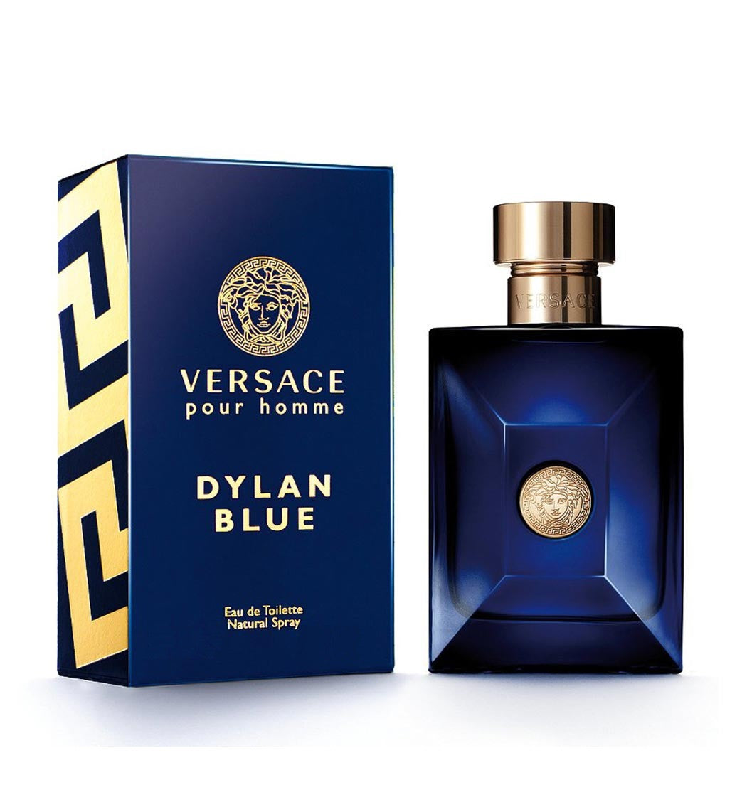 A product image featuring a Versace Dylan Blue Eau de Toilette spray bottle next to its packaging box.