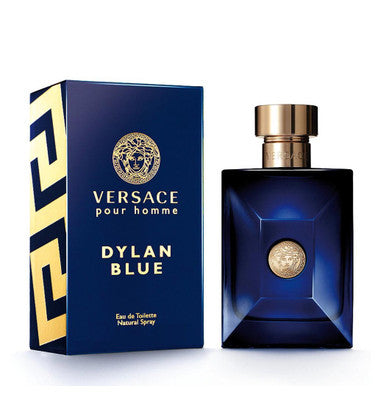 A product image featuring a Versace Dylan Blue Eau de Toilette spray bottle next to its packaging box.