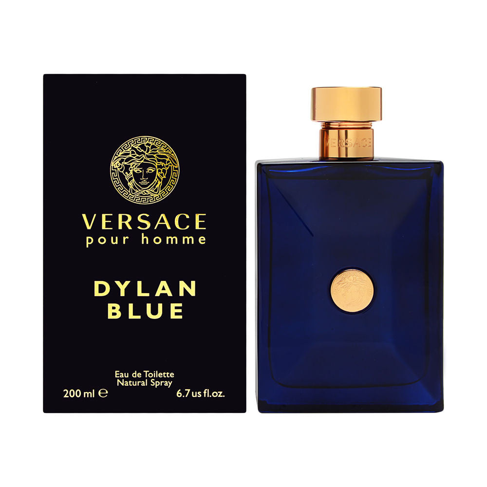 A product image featuring VERSACE DYLAN BLUE EAU DE TOILETTE SPRAY for men, with a black bottle and gold cap, alongside its packaging box with the Versace logo.