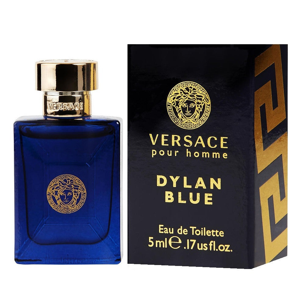 A sealed box of VERSACE DYLAN BLUE Eau de Toilette for men, containing a 5 ml miniature bottle.