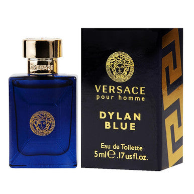 A sealed box of VERSACE DYLAN BLUE Eau de Toilette for men, containing a 5 ml miniature bottle.