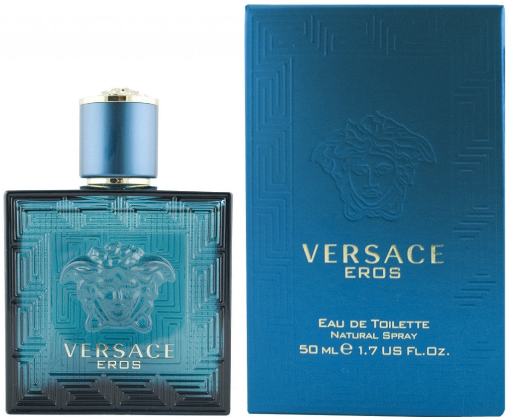 A product image featuring VERSACE EROS Eau de Toilette spray for men, with a bottle and packaging box.