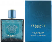 A product image featuring VERSACE EROS Eau de Toilette spray for men, with a bottle and packaging box.