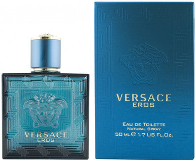 A product image featuring VERSACE EROS Eau de Toilette spray for men, with a bottle and packaging box.