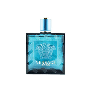 A blue glass bottle of VERSACE EROS eau de toilette spray for men with a metal cap and Versace branding.