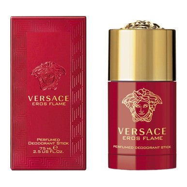 A red and gold VERSACE EROS FLAME deodorant stick for men, with the product name displayed prominently on the packaging.