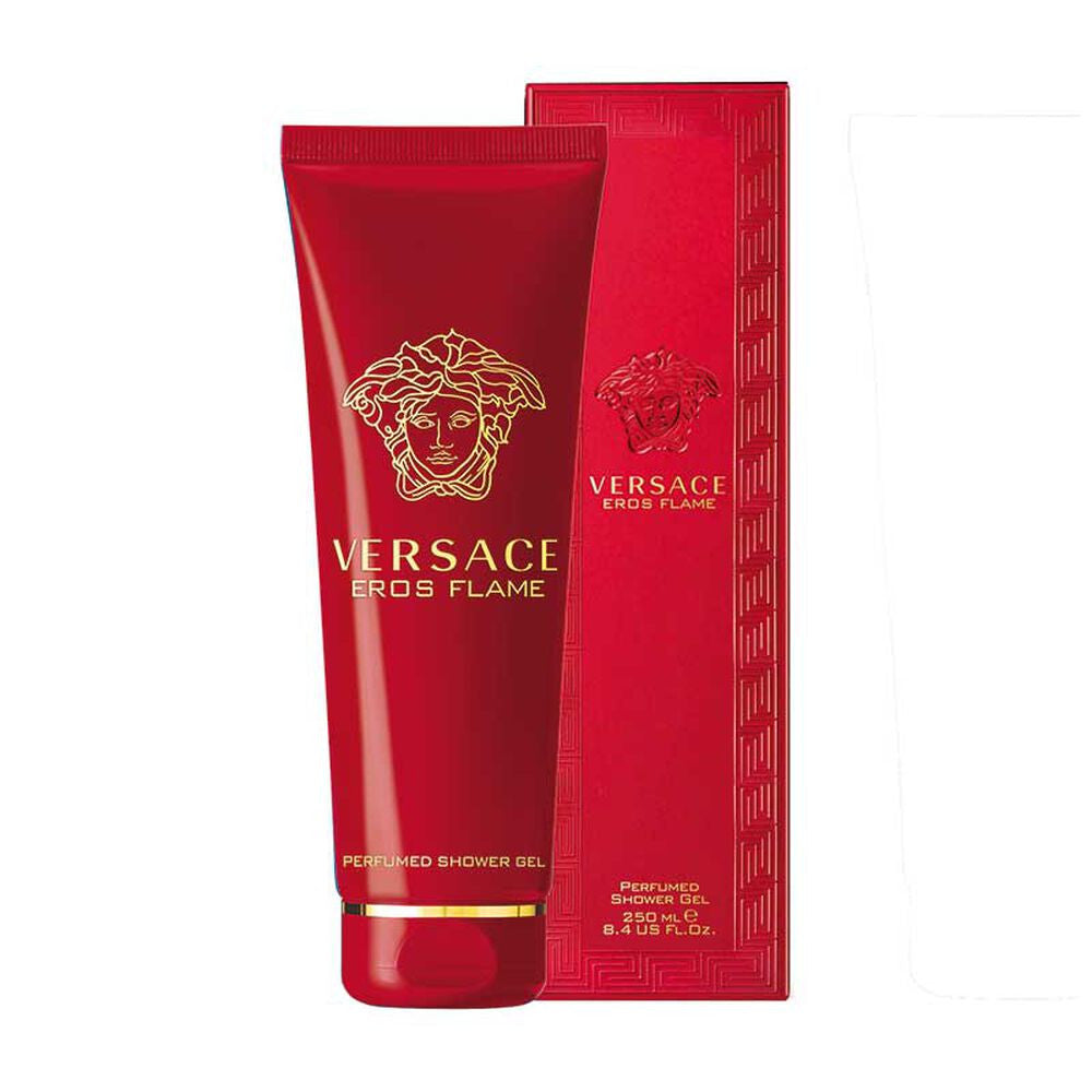 A red tube of VERSACE EROS FLAME shower gel for men, with gold and white text and design details.