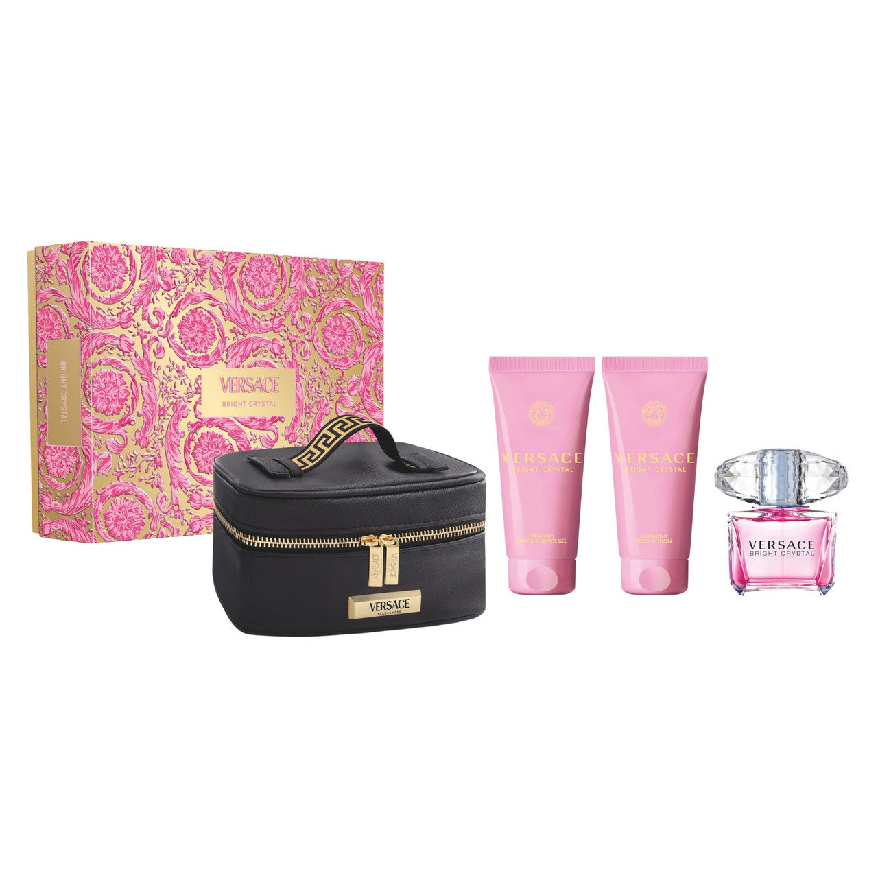 A VERSACE Bright Crystal 4 piece set for women, including a 3 oz eau de toilette spray, 3.4 body lotion, and 3.