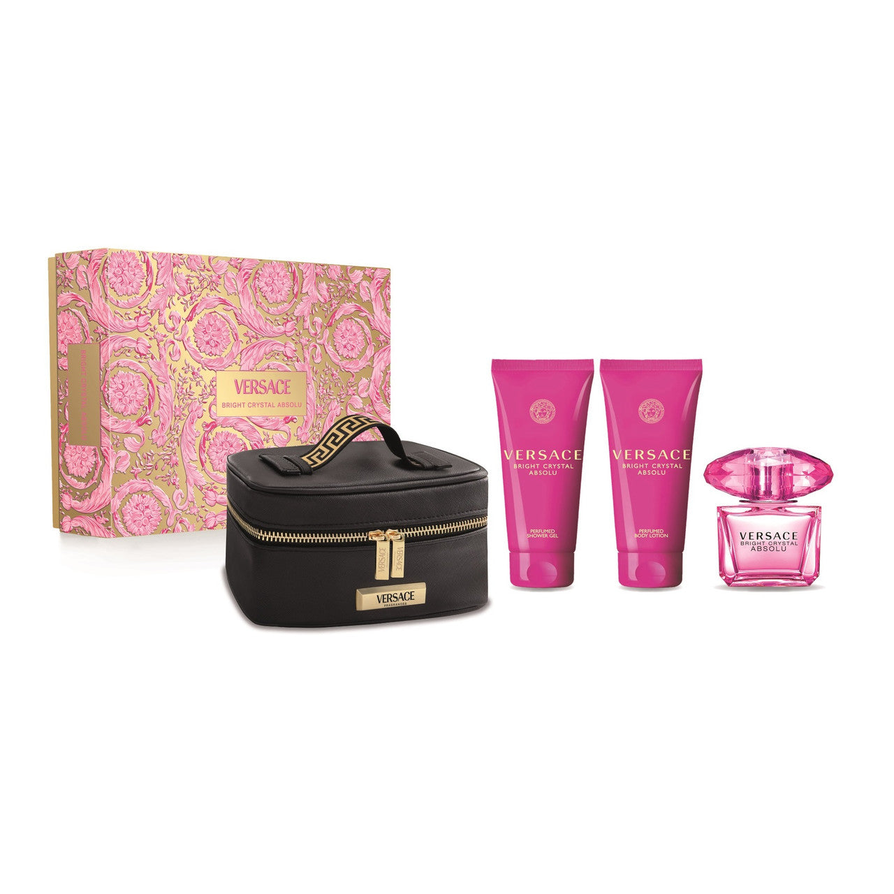 A VERSACE Bright Crystal Absolu 4 piece set for women, including a pink bottle of eau de parfum spray, a pink tube of body lotion, a pink tube of shower gel, and a small black beauty case, all displayed with the product box.