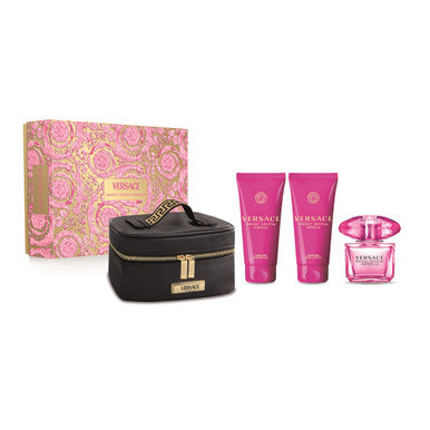A VERSACE Bright Crystal Absolu 4 piece set for women, including a pink bottle of eau de parfum spray, a pink tube of body lotion, a pink tube of shower gel, and a small black beauty case, all displayed with the product box.